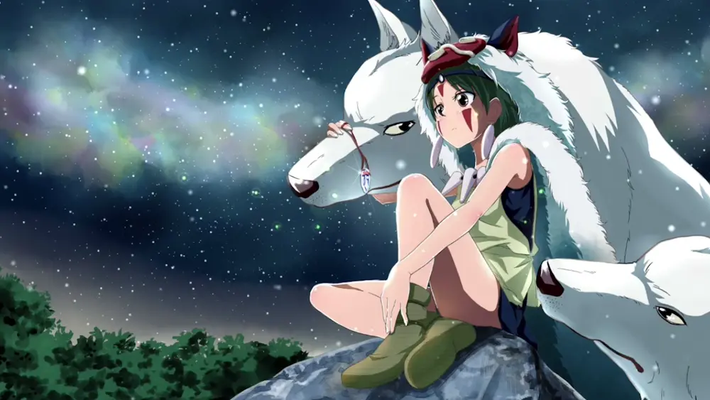 Descargar Fondo de Pantalla Animado de La Princesa Mononoke: San y Moro Noche Estrellada 4K