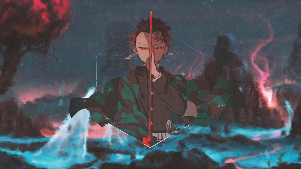 Tanjiro Kamado sobre Paisaje Desenfocado - Fondo de Pantalla Animado para Pc, Android & iPhone